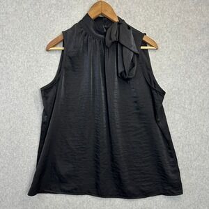 Worthington Size Large Blouse Black Mock Neck Side Tie Bow Sleeveless Satin